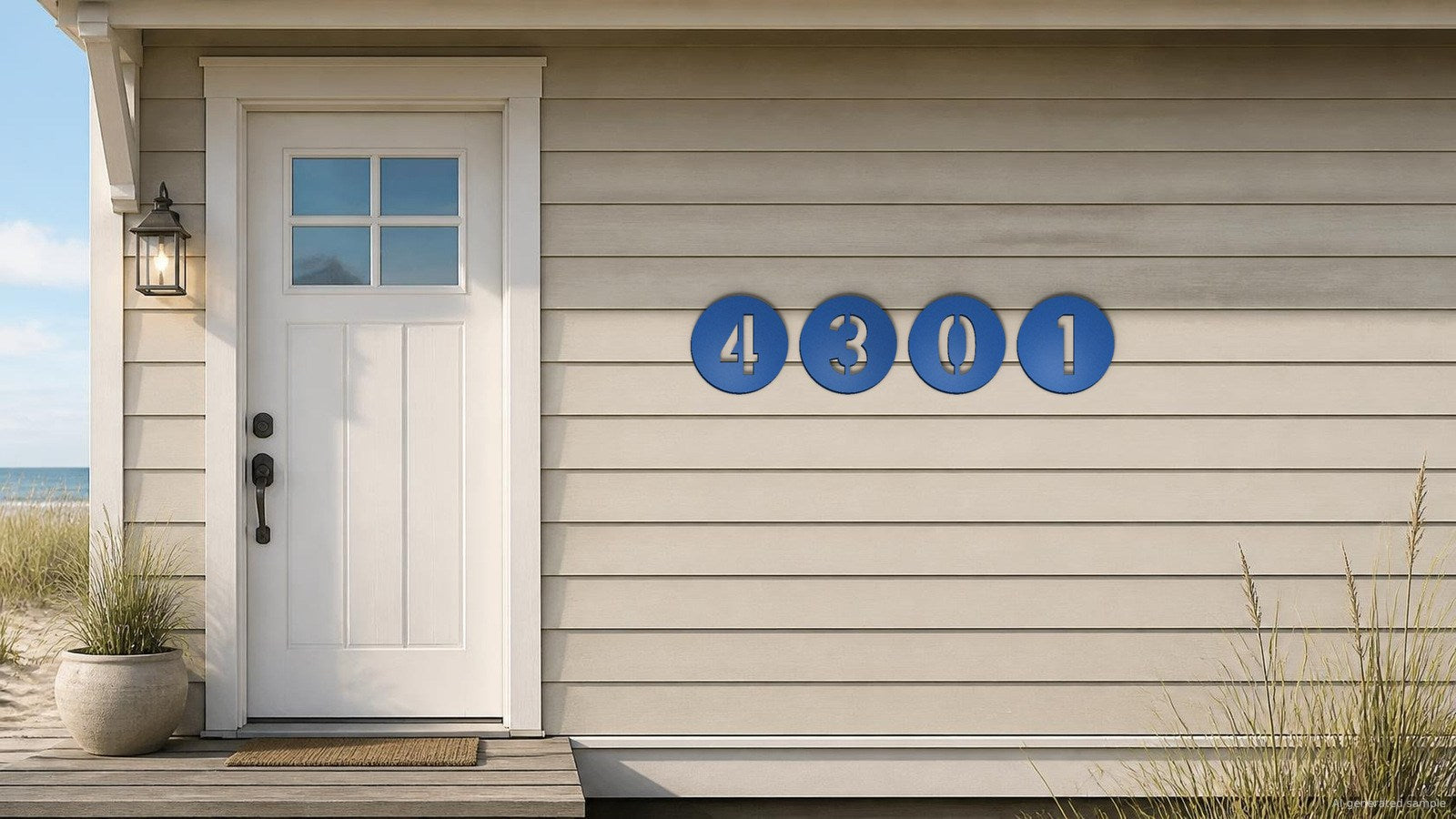 AI-generated sample: house number 4301 made from four 12 inch Round plates in Traffic Blue, Stick No Bills stencil, on a beach house