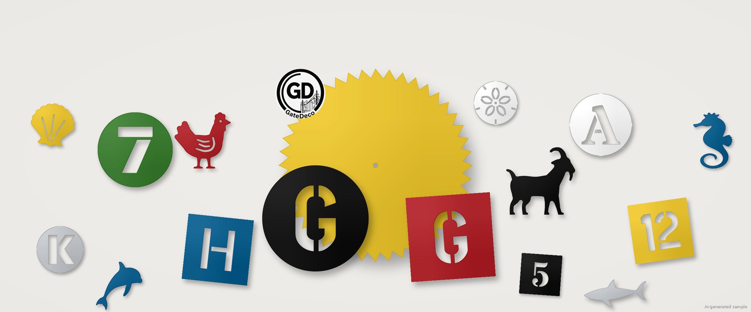 Stainless decor pieces in GateDeco colors: sawblade, round and square letter plates, numbers, and animal and shell cutouts